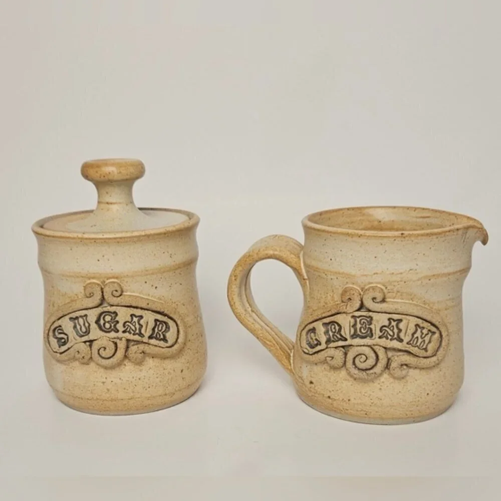 Vintage Set Of Cream Jug & Sugar Pot - Toffee Brown Stoneware Ceramic Pottery